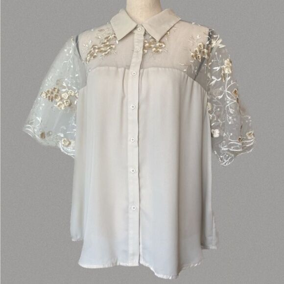 Shein Button Down Blouse Embroidered Lace Sleeves - Picture 1 of 8